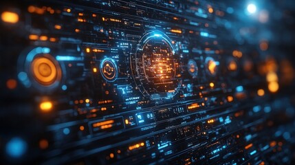 Abstract digital interface with glowing elements and data patterns.