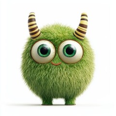 Fuzzy green monster with big round eyes and striped horns, isolated on a clean white background
