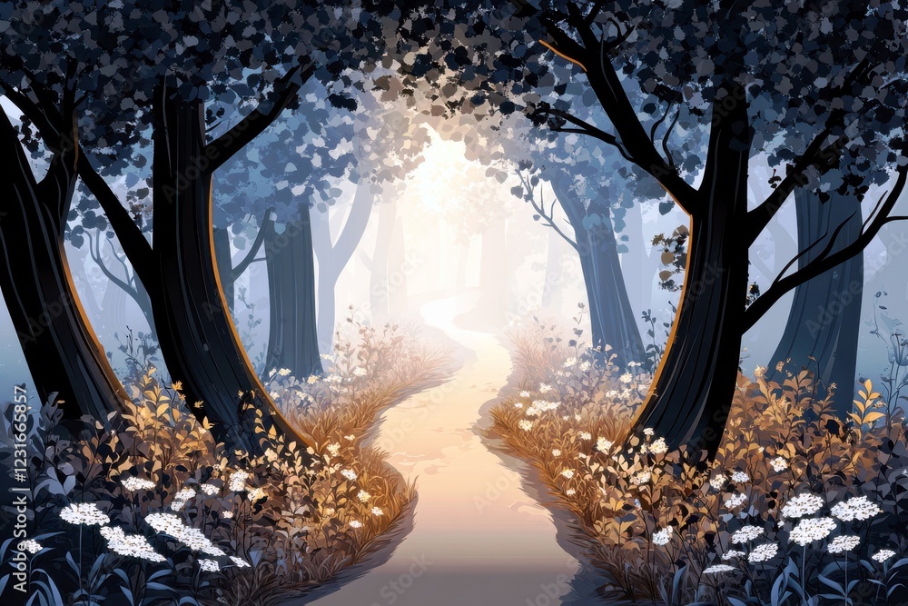 Aufkleber serene pathway through enchanted forest with sunlight filtering through canopy and colorful wildflow