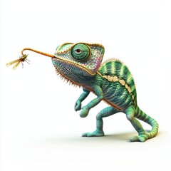 Obraz premium Chameleon extending its long sticky tongue to catch an insect, placed on a bright white background