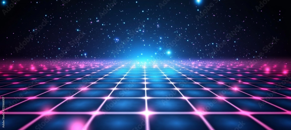 Poster shiny neon blue and pink grid background with abstract digital particles in outer space