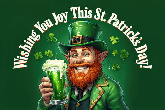 Happy St. Patrick's Day Banner, Happy leprechaun with beer wishes you a happy holiday