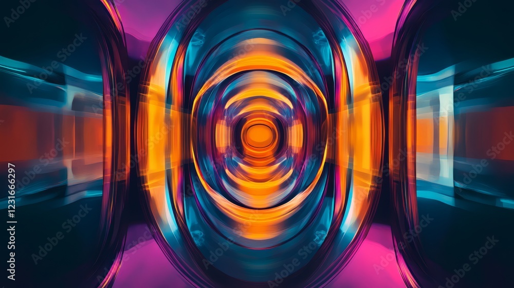 Poster a striking abstract digital artwork featuring dynamic symmetrical patterns in vibrant orange and blu