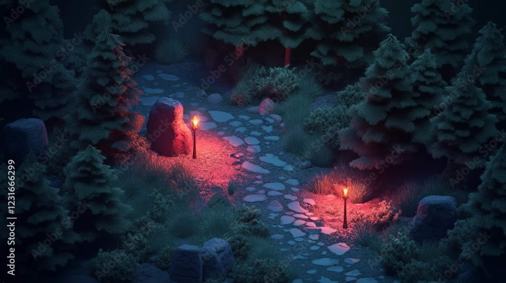 Poster a mystical forest scene with glowing torches lighting a stone path surrounded by dense trees and fol