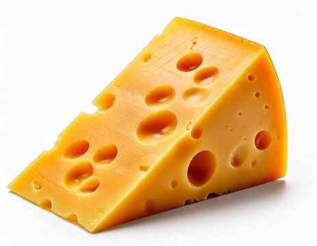 close-up of a piece of cheese with holes. Emmental cheese triangle, isolated on white background.
