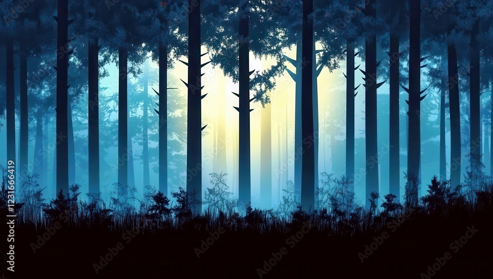 Poster enchanting forest with mystical light filtering through tall trees, creating a breathtaking and sere