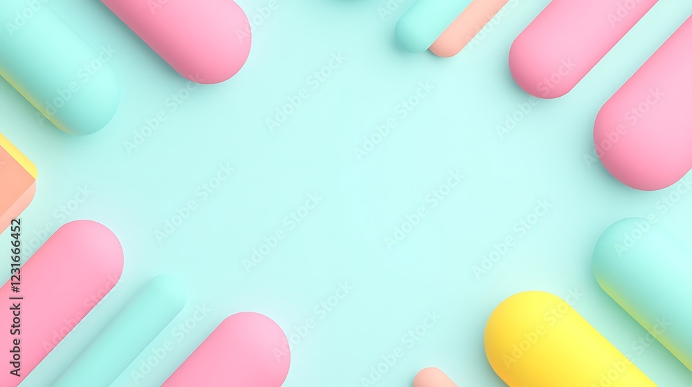 Poster abstract background with colorful geometric shapes in pastel colors on a soft blue backdrop for desi