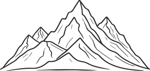 Line drawing of mountain range landscape. Top view of mounts in simple linear style. Adventure winter sports concept isolated on white background. Doodle vector illustration