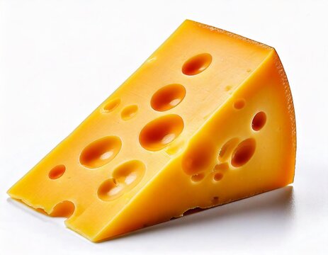 close-up of a piece of cheese with holes. Emmental cheese triangle, isolated on white background.