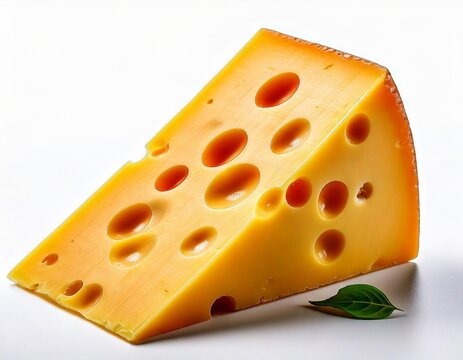 close-up of a piece of cheese with holes. Emmental cheese triangle, isolated on white background.