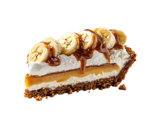 slice of banoffee pie topped with sliced bananas, whipped cream, caramel, and a crumbly biscuit base. isolated on a transparent background