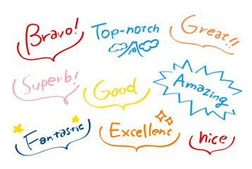 かわいい褒め言葉の吹き出しのセット。手描きのベクターイラスト。