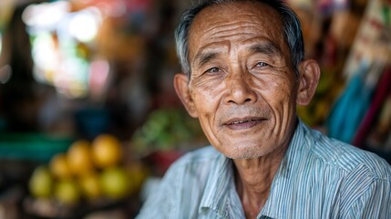 Fototapeta premium Elderly Asian man with gentle smile. Perfect for senior lifestyle and cultural diversity content.