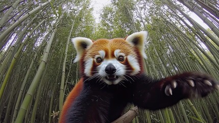 Fototapeta premium Red Panda Among Tall Bamboo Stalks