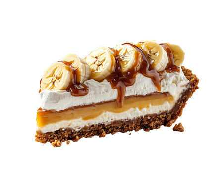 slice of banoffee pie topped with sliced bananas, whipped cream, caramel, and a crumbly biscuit base. isolated on a transparent background