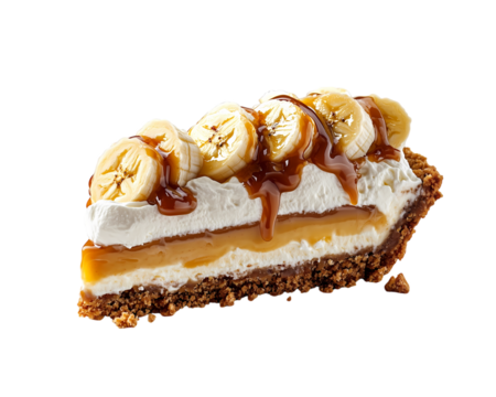 slice of banoffee pie topped with sliced bananas, whipped cream, caramel, and a crumbly biscuit base. isolated on a transparent background