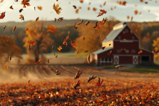 Autumn leaves gently falling in the background of a farm on Thanksgiving day, Colorful Autumn Leaves Fall Softly Over a Peaceful Farm Landscape on Thanksgiving Day - Powered by Adobe