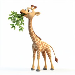 Obraz premium Giraffe with a long neck reaching for leaves, isolated on a clean white background
