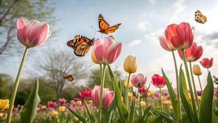 Fototapeta premium Butterflies Dancing Among Tulips: A captivating springtime scene unfolds as vibrant orange butterflies flutter gracefully among a sea of colorful tulips, bathed in the warm glow of the afternoon sun.
