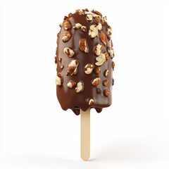 Fototapeta premium Chocolate-covered vanilla ice cream stick with crunchy nuts, isolated on a clean white background