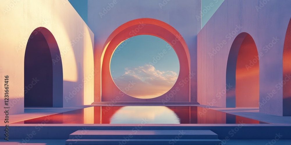 Poster stunning minimalist architecture featuring arches and reflections at sunset, creating a serene and m