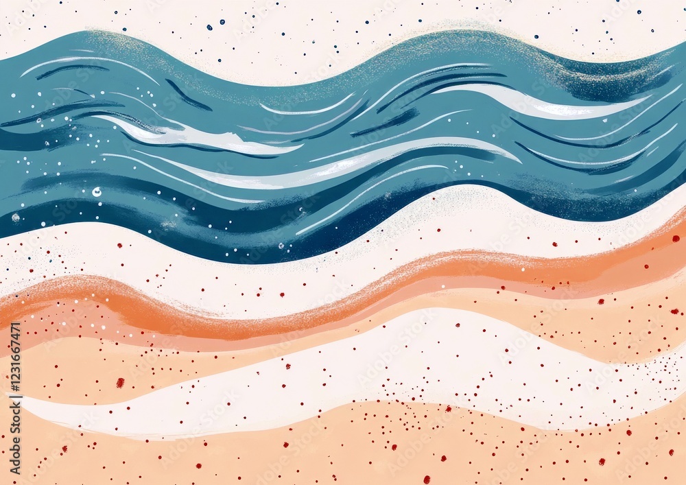 Poster artistic representation of ocean waves and sandy beach landscape with textured patterns and soothing