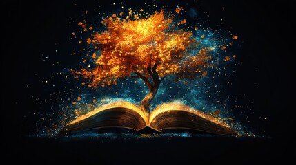 A logo design showcasing an open book with a golden tree rising from its pages, blending vibrant colors and intricate details