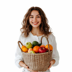 Fototapeta premium A young woman with a cheerful smile, holding a woven bag filled with fresh fruits like apples and oranges, set against a white backdrop