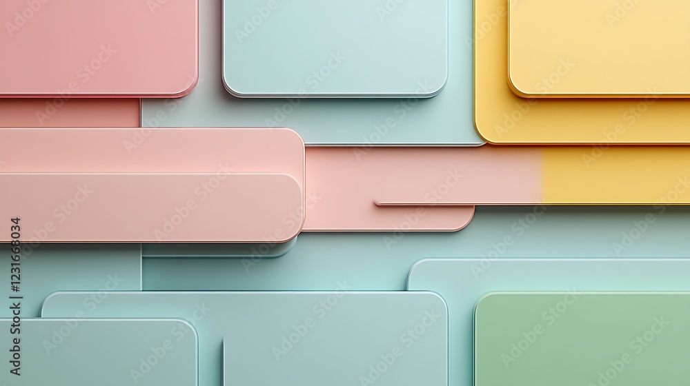 Poster abstract composition of colorful rectangles and rounded shapes in soft pastel tones on a smooth surf