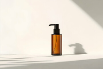 Minimalistic amber bottle in sunlit shadows for skincare or beauty products