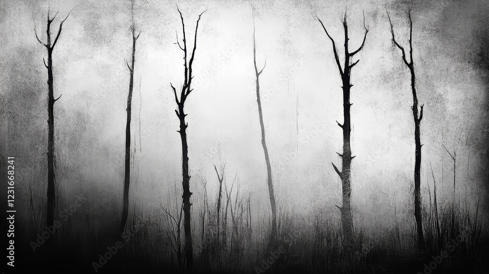 Aufkleber a hauntingly beautiful forest scene with bare trees enveloped in mist, creating an eerie yet tranqui