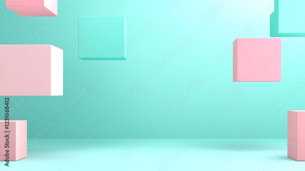 Poster abstract composition with pastel cubes floating in mid-air against a soft turquoise background for c