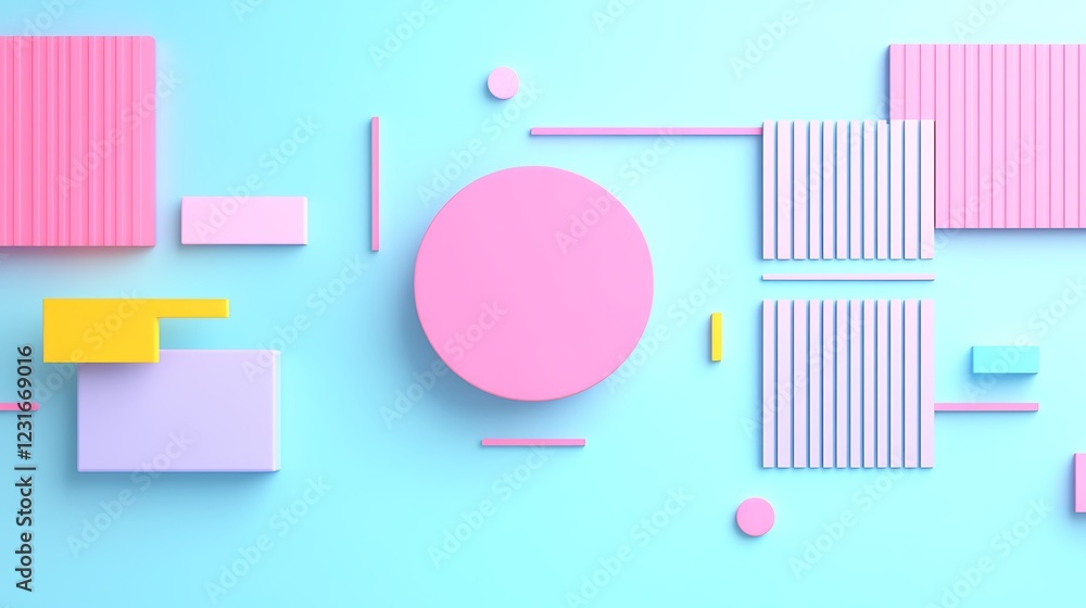 Poster abstract geometric composition with colorful shapes and patterns on soft blue and pink background