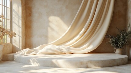 3D display podium with beige tones and a flying silk cloth curtain, ideal for showcasing beauty products or luxury items