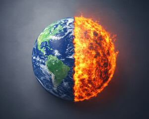 surreal image of Earth, with one side thriving in lush greenery and other engulfed in flames, symbolizing climate change and environmental challenges