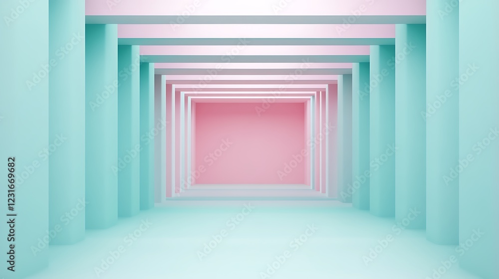 Poster abstract geometric space with pastel colors, creating a serene and modern interior view with columns