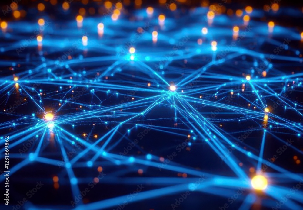 Poster abstract network connection visual with glowing nodes and intricate lines, representing technology a