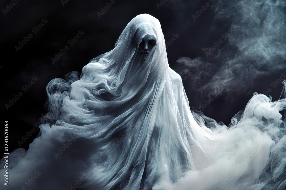 Poster ethereal figure emerging from dark mist with flowing fabric and mysterious ambiance for enigmatic an