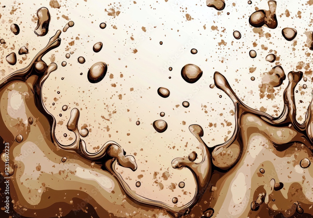 Poster abstract fluid art featuring dynamic brown splashes and droplets against a soft beige background, hi