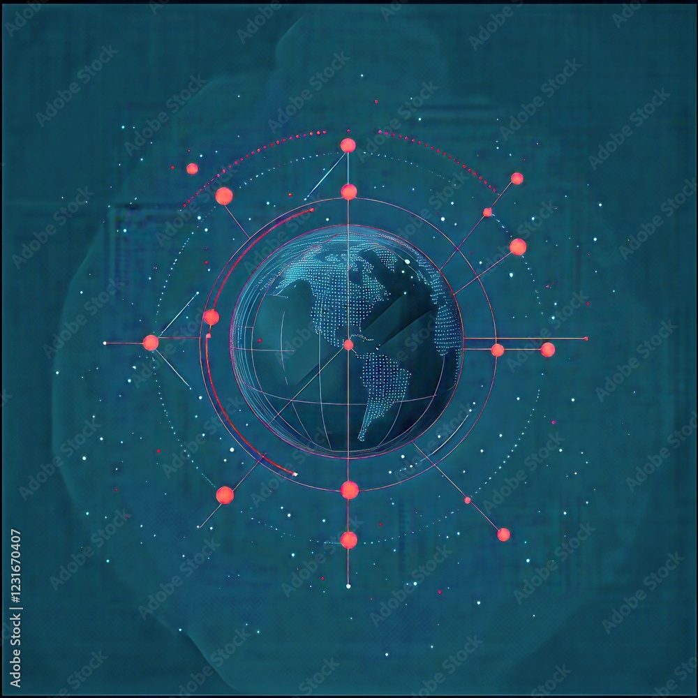 Poster digital representation of earth with network connections and data points on a dark background for te