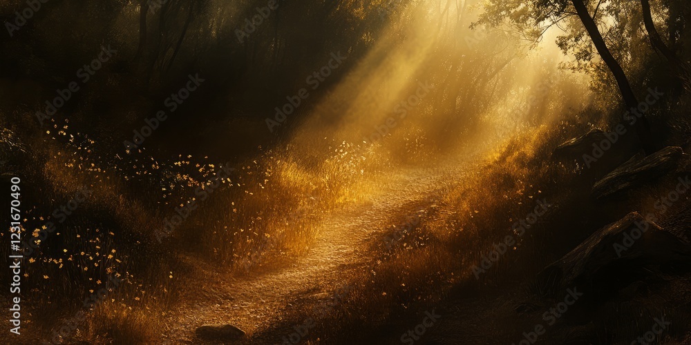 Poster sunlit forest path with golden light streaming through trees, creating a magical and tranquil atmosp
