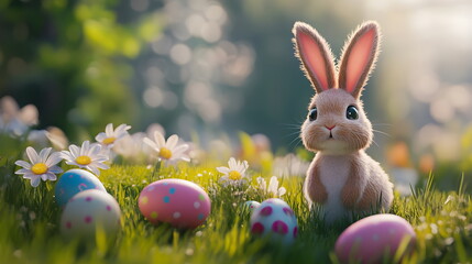 Happy Orthodox Easter hare, cute rabbit,colorful eggs, bunny,festive spring decorations, traditional holiday symbols, blooming flowers, joyful celebration mood, warm, cheerful atmosphere of Easter joy