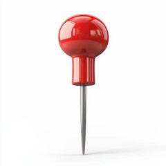 Classic red push pin with a sharp metal tip and glossy plastic head, isolated on a clean white background