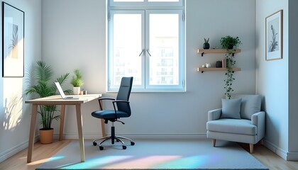 A modern and functional office space featuring a sleek wooden desk with a comfortable ergonomic chair. A laptop and a few minimalistic decor items on the desk