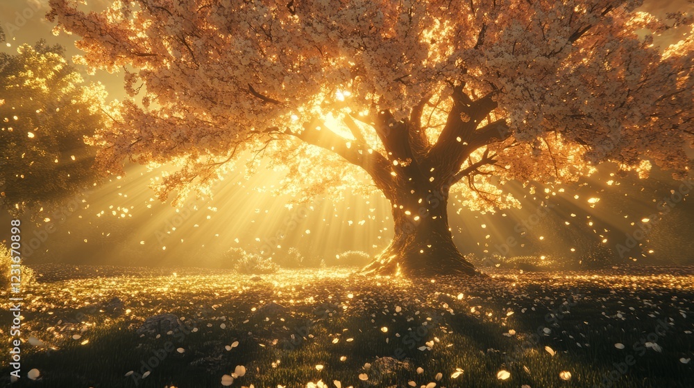 Poster a tree with golden leaves is in a field of grass. the sun is shining on the tree, creating a warm an