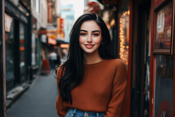 Fototapeta premium Charming young woman in a cozy brown sweater posing outdoors on an autumn day with a blurred urban background, ideal for lifestyle, fashion, and seasonal themes.