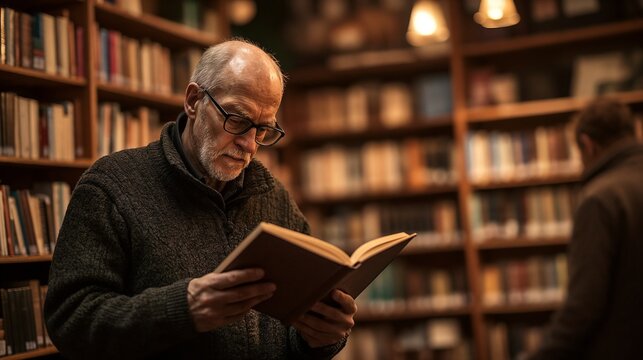 Senior man reading in cozy library setting. Perfect for lifelong learning and intellectual pursuit content.