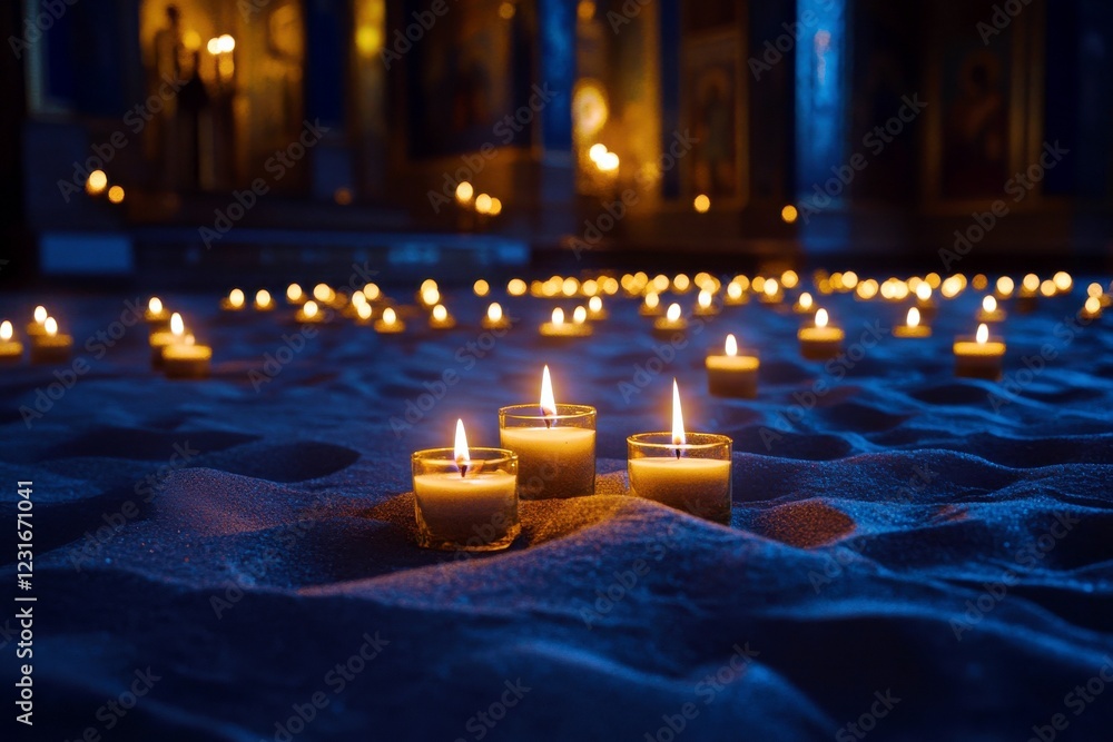 Poster tranquil scene of flickering candlelight on soft sand in a dimly lit space with background highlight