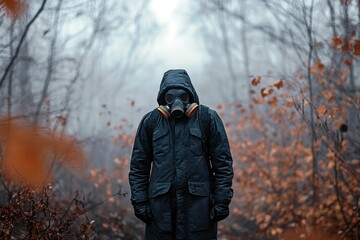 Mysterious figure in gas mask and hooded jacket standing alone in foggy forest with autumn leaves and eerie atmosphere, symbolizing isolation and uncertainty