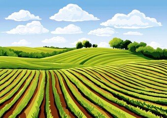 Lush Green Rolling Agricultural Fields with Furrows Under a Bright Sky and Fluffy Clouds in a Vibrant Countryside Landscape Illustration